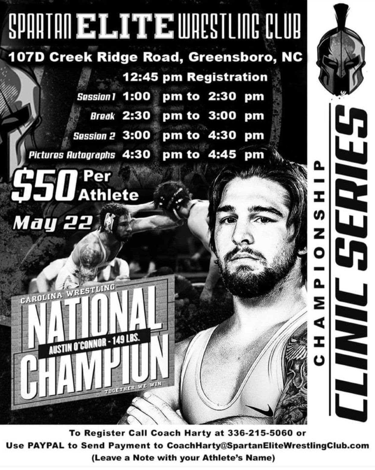 Austin O'Connor Champions Clinic flyer — NCAA 149lb National Champion, UNC